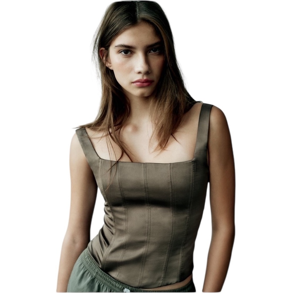 Zara Women's Satin Effect XS Fitted Square Neckline Corset Bustier Olive Green